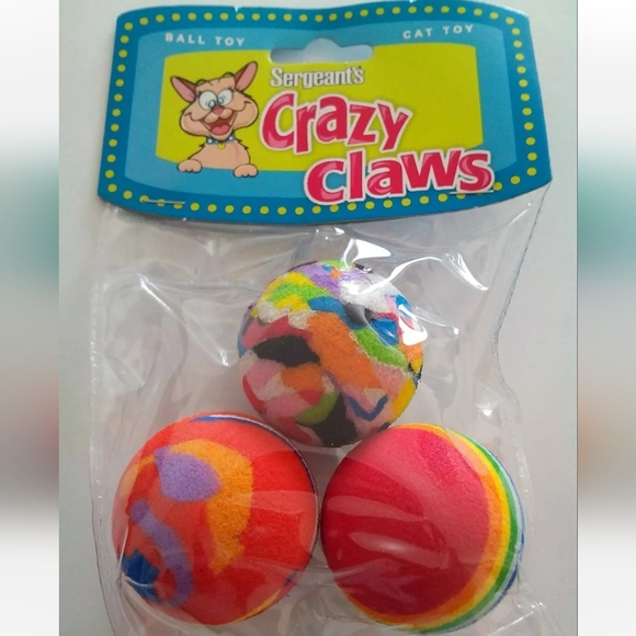 SERGEANTS CRAZY CLAWS CAT BALLS 3 PACK (LOT OF 3 PACKAGES) KITTEN FELINE CAT TOY - Picture 2 of 3